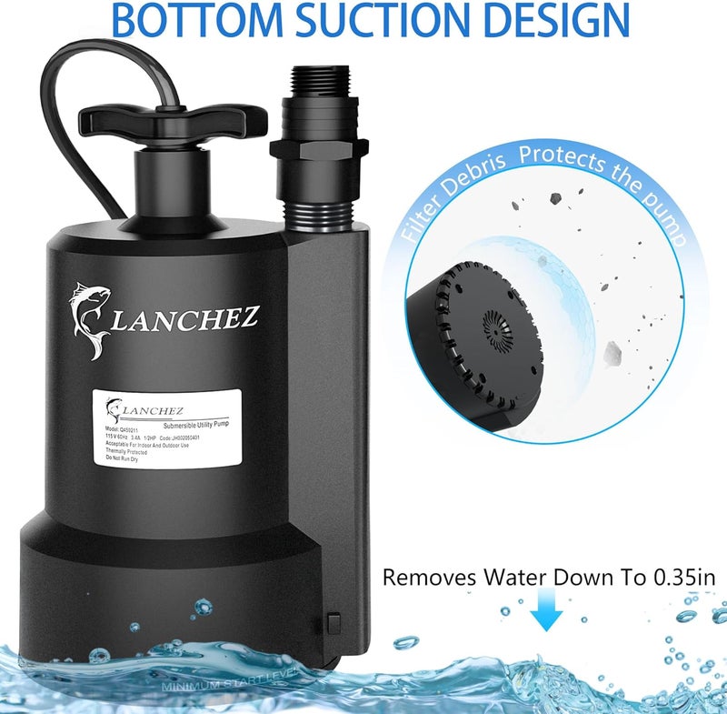 LANCHEZ Sump Pump, 1/2 HP 2450GPH Submersible Water Pump, Thermoplastic Portable Electric Transfer Pump Utility Pump for Hot Tub Swimming Pool Basement Garden Pond Tubs Draining with 10FT Cord, Manual - Image 5